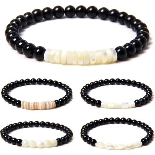 Handmade White Natural Shell Beads Charm Bracelet 6mm Round Black Onyx Stone Beaed Bracelet for Women Beach Boho Jewelry Gifts