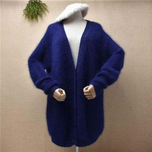 Female women Fall Winter thick warm hairy mink cashmere knitted long sweater cardigan angora fur v-neck jacket coat pull sweater