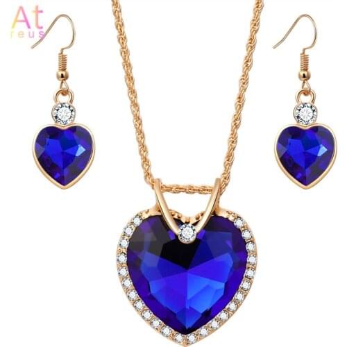Blue Crystal Heart Jewelry Set Women Party Jewellery Set Gold Color Chain Pendant Necklace Drop Earrings Mom Girlfriend Gift