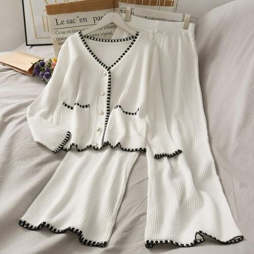 Korobov 2021 New Arrival V Neck Long Sleeve Single Breasted Women Cardigans and High Waist Elastics Wide Leg Pants 2 Pcs Sets