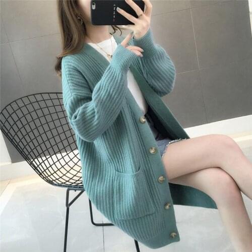 Ladies Knitted V-Neck Cardigan Mid-Length Casual Loose Single-Breasted Coat Jacket Female Thick Outwear Womens Autumn Winter