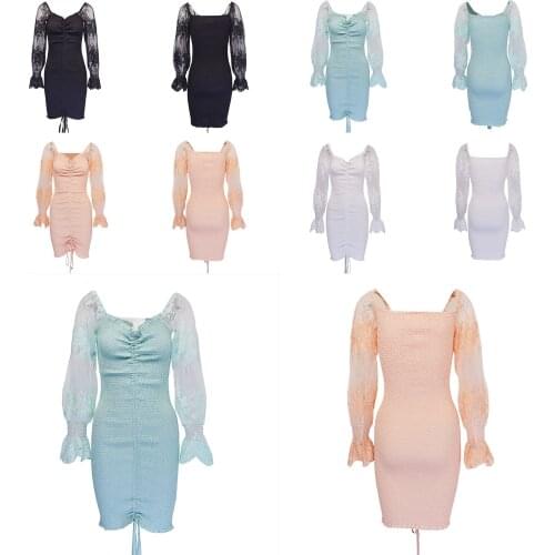 2021 New Women Sexy V-neck Lace Dress Embroidery Pattern Long Puff Sleeves with Drawstring Fashion Design S/ M/ L