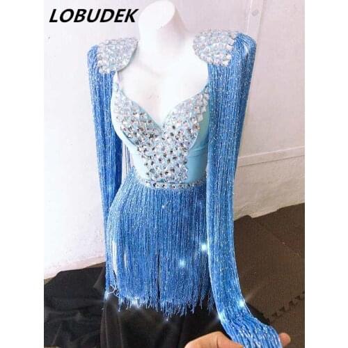 Women Blue V-neck Crystals Tassels Epaulet Bodysuit Dress Dancer Team Stage Outfit Sexy Nightclub DJ Singer Performance Costumes