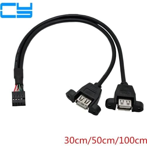 1pcs 30cm Motherboard Internal 9pin Pitch 2.54mm to Dual Port USB 2.0 A Female Screw Lock Panel Mount Cable