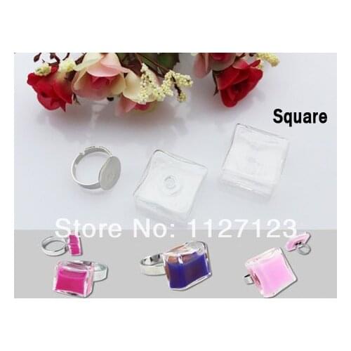 50sets 20x20MM Square Liquid Rings,glass bubble rings,glass bottle rings,DIY wishing bottle jewelry,glass bulb ball rings