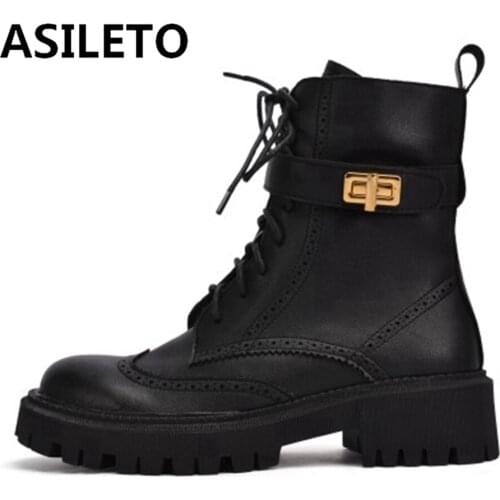 ASILETO New arrival 2021 INS Woman Real Leather Ankle Boots Fashion Shoes Woman Short Winter Warm Boots Platform Heel Footwear
