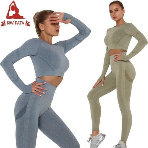 KIWI RATA Seamless Women Yoga Sets Female Sport Gym Suits Wear Running Clothes Fitness Sport Gym Pants Long Sleeve Yoga Top