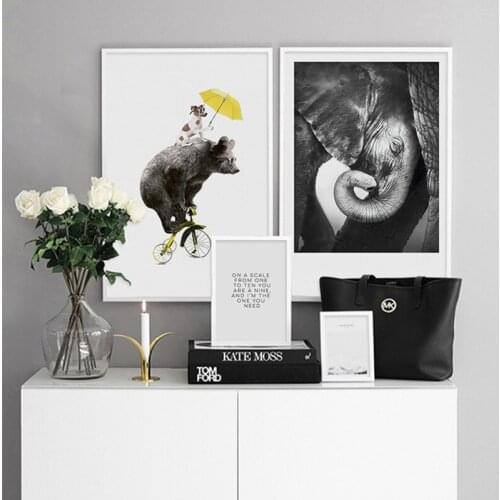 Black White Elephant Bear Decoration Home Picture Wall Art Canvas Painting Quotes Posters and Prints for Living Room Wall Decor