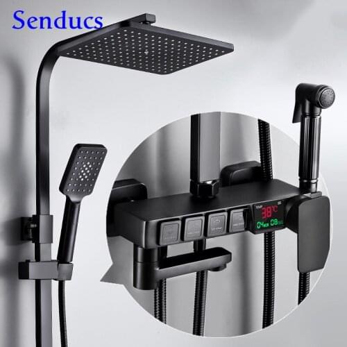 Digital Shower Set Senducs Matte Black Bathroom Faucets Thermostatic Bathtub Mixer Tap 12 Inch Rainfall Digital Bath Shower Set
