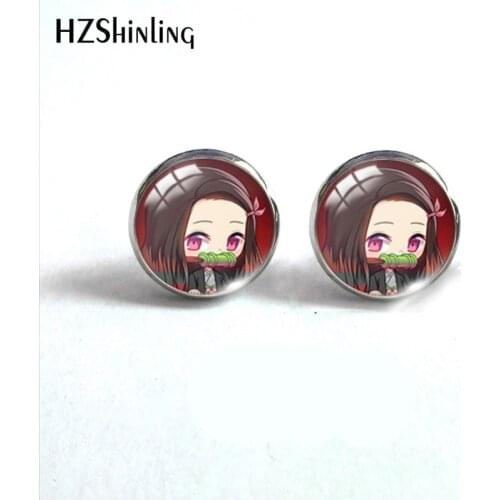 Demon Slayer Kimetsu No Yaiba Cartoon Round Earrings Glass Cabochon Jewelry Earrings for Women