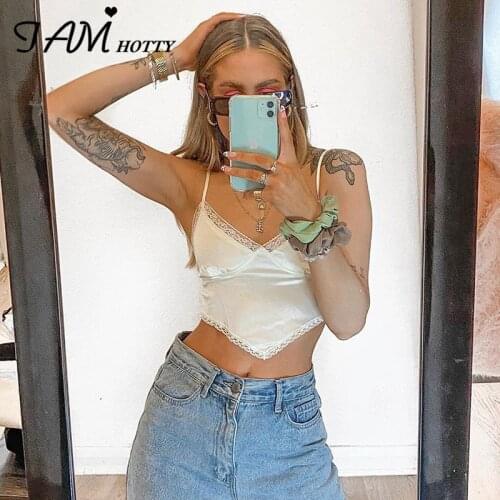 IAMHOTTY Basic Solid Patchwork Lace Harajuku Sexy Crop Top Women Vintage Sleeveless Casual Outfits Summer Tops Femme Korean Tees