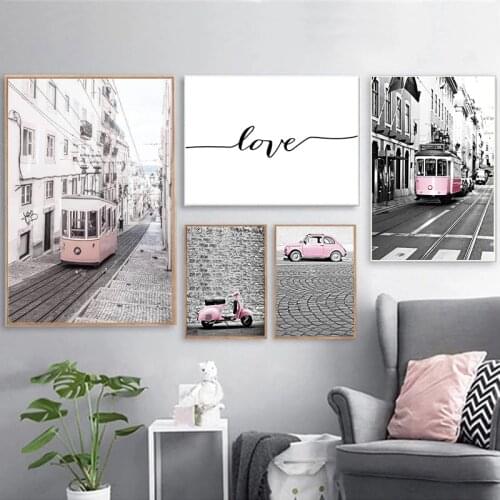 Nordic Modern Canvas Painting Pink Car City Street Picture Home Decoration for Living Room Bedroom Art Wall Printing Poster
