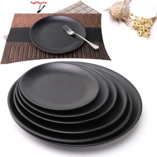 Anti-fall Black Melamine Round Tray Dinner Plate Dishes Food Snacks Sushi Steak Plates Dessert Tea Tableware