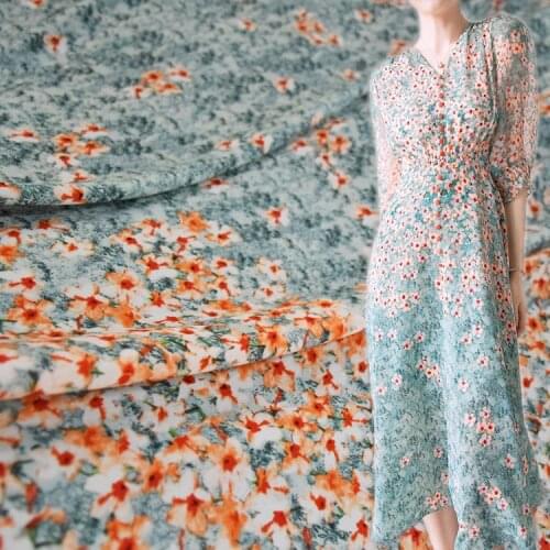 2021 summer hot-selling high-end lake green positioning flower printing imitation silk crepe chiffon fabric womens clothing
