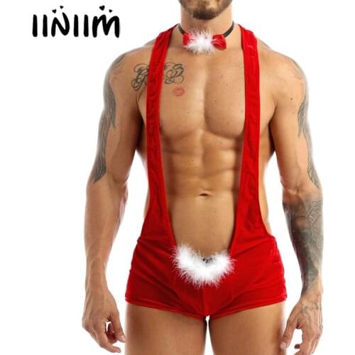 Mens Velvet Christmas for Funny Holiday gift Lingerie Boxer Jockstraps Racer Back Bodysuit Wrestling Singlet Teddies Costumes