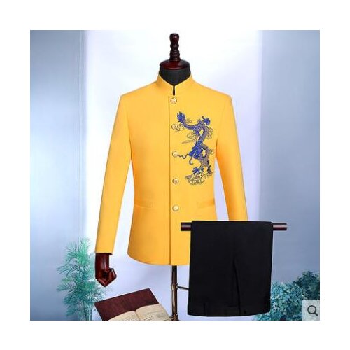 Blazer men Chinese tunic suit set with pants mens wedding suits Retro singer star style yellow stage clothing formal dress b