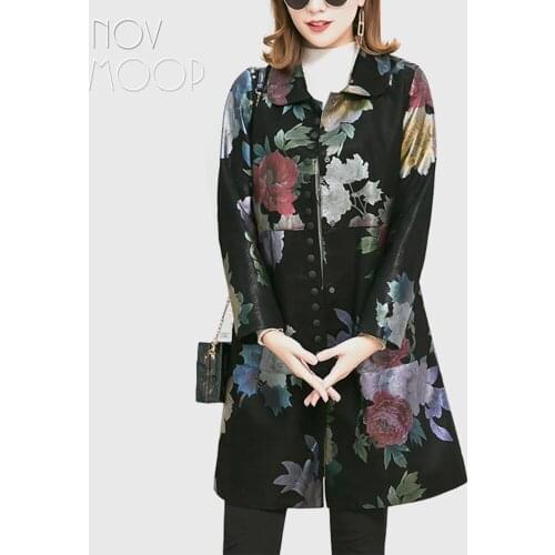 Novmoop 2019 autumn winter retro floral print sheepskin genuine leather jacket women slim long coat chaqueta mujer LT2841
