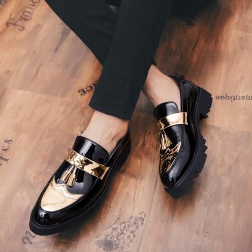 New Men Casual Shoes Patent Leather Platform Shoes For Men Celebrity Style Comfortable Dress Shoes Lazy Big Size Mens Sneakers