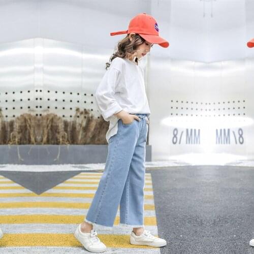 New Girls' Pants Korean Fashion Solid Color Big Childrens Wide Leg Pants with Rough Edge Toddler Girl Jeans Children Jeans