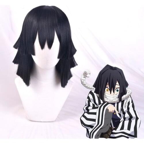 Iguro Obanai Short Black Styled Wig Demon Slayer Kimetsu no Yaiba Heat Resistant Hair Cosplay Costume Wigs + Free Wig Cap