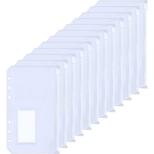 12PCS A5/A6 Size PVC Binder Pockets with Label Pocket,Cash Budget Zipper Envelopes Pouches for A5/A6 6-Ring Notebook Binder