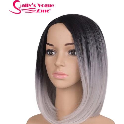 Sallyhair High Temperature Synthetic Straight Short Ombre Black Silver Grey Color American African Bob Wigs Hair For Black Women