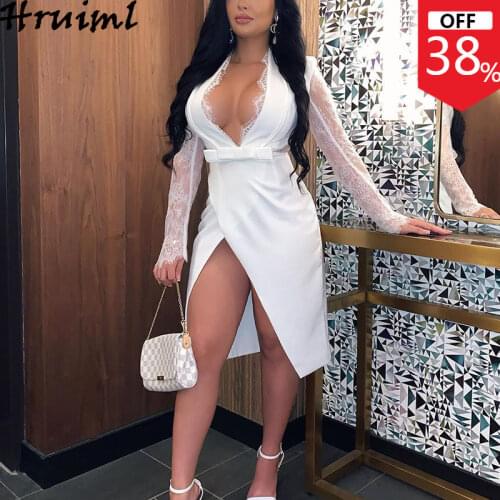 Sexy Dresses for Women Lace Patchwork Long Sleeve Deep V Neck Split Midi Dress Fashion High Waist White Dress Party Clubwear