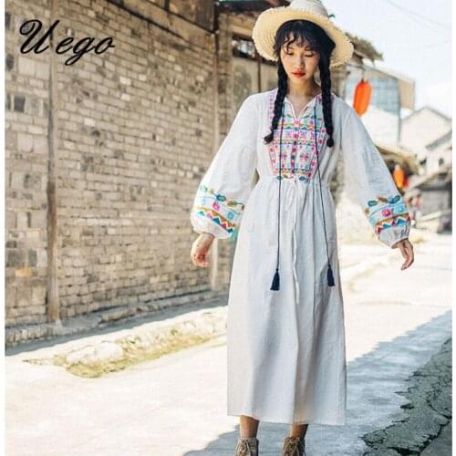 Uego Embroidery Tassel Ethnic Style Vintage Travel Dress Cotton Linen Chinese Style Dress Women Spring Summer Casual Midi Dress