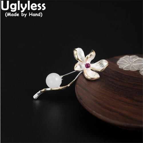 Uglyless Handmade Flowers Brooches for Women 925 Silver Evening Dress Pins Natural Jade Jewelry Elegant Lady Silver Jewelry Gems