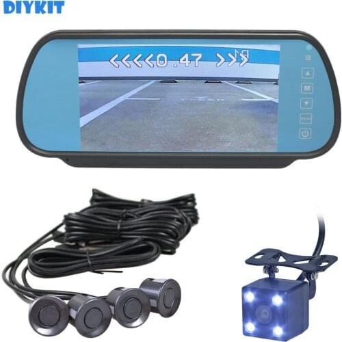 DIYKIT Video Parking Radar 4 Sensors + 7 inch Build-in LCD Display Mirror Car Monitor + LED Color Night Vision Rear View Camera