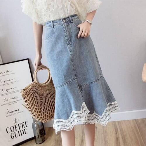 New Fashion Lace Patchwork Mermaid Irregular Denim Skirt Summer High Waist Ruffles Pencil Skirt 2020 Slim Hip Skirt