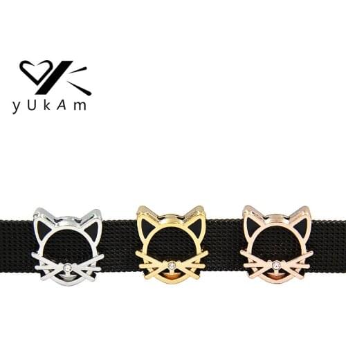 YUKAM Gold Cute Drop Oil Enamel Animal Cat Head Slide Charms Keeper for Mesh Keeper Bracelets Bangles Jewelry Accessories Making