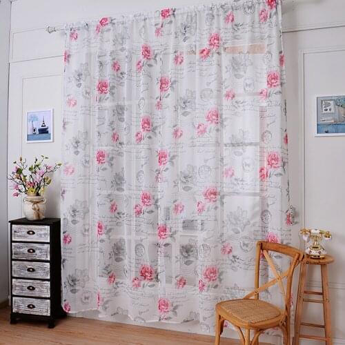 Lychee Pink Peony Butterfly Window Tulle Curtain Printed Cotton Linen Voile Curtain for Living Room Modern Window Curtains