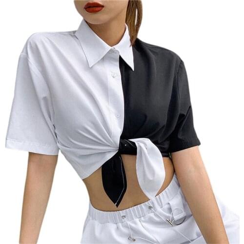 2020 Fashion Women Crop Shirts Short Sleeve Black White Patchwork Tops Shirts Bandage Buttons Ladies Streewear Designs Tee
