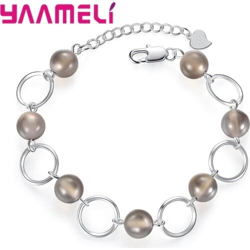 Antique 925 Sterling Silver Charm Bracelet & Bangle with Circle Onyx Beads Women Vogue Wedding Engagement Jewelry High Quality