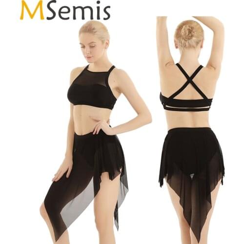 Women Lyrical Dance Costumes Ballet Dance Leotard Dress Sleeveless Criss-cross Back Vest Crop Top with Asymmetrical Mesh Skirt