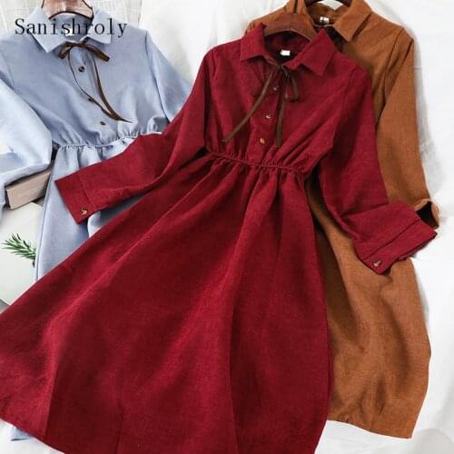 Sanishroly New Autumn Women Long Sleeve Long Dress Tie Bow A-Line Dresses Ladies Elastic High Waist Vintage Dress Vestidos CD082