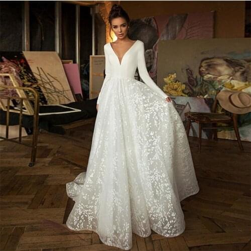 Long Sleeve V-Neck Elegant Wedding Dress Boho vestido de noiva Bohemian Custom Bridal Dress Backless Backless Wedding Gowns