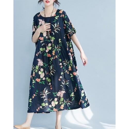 Large size retro dress 7XL 8XL 9XL womens summer round neck short sleeve pocket literary style loose print dress bust 148CM