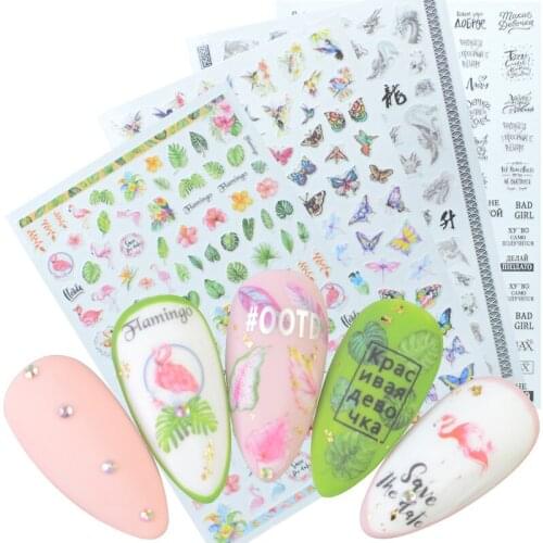 Nail Stickers Green Leaf Flamingo Flowers Cactus 3D Self Adhesive Decals Nail Art Decorations Wraps Flakes Sliders DIY Manicure
