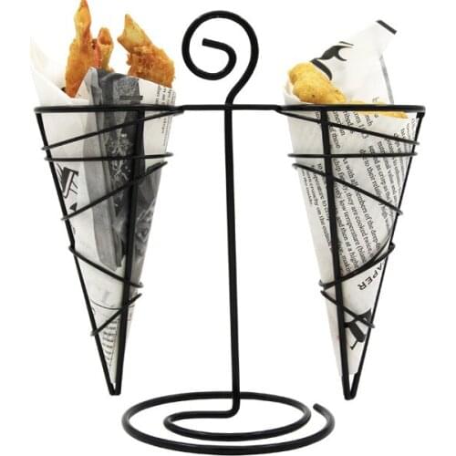 Snack Rack Two-Head Black French Fries Holder Iron Basket ice cream Stand Cone Basket Holder Restaurant Hotel Bar Suppliers 1pc