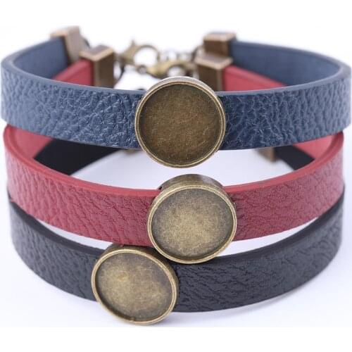3pcs flat leather cabochon bracelet base settings 12mm dia blank cameo bezel trays for bracelets making antique bronze