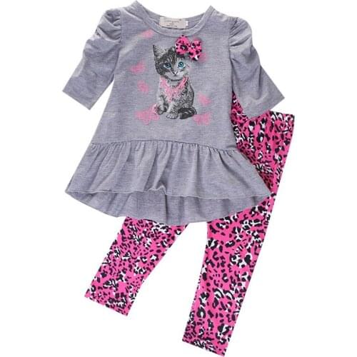 Free shipping Toddler Kids Baby Girls clothes pullover long sleeve animal print round neck Tops leopard Pants 2pc cotton Outfits