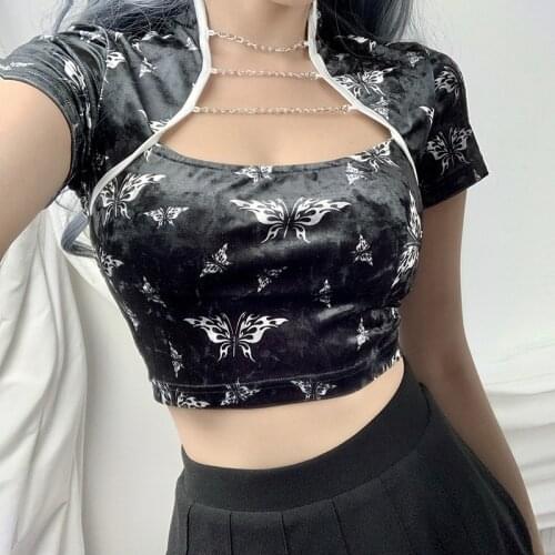 Womens Short Sleeve Chain Connect Cheongsam Collar Sexy Low-cut Blouse Butterfly Print Stylish Trendy Slim Cropped Blouse Top