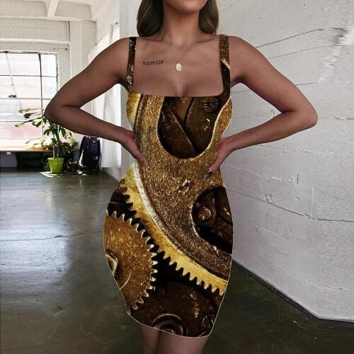 Giyu Brand Metal Dresses Women Engine Bodycon Dress Gear 3d Print Paint Ladies Dresses Womens Clothing Summer Short Boho