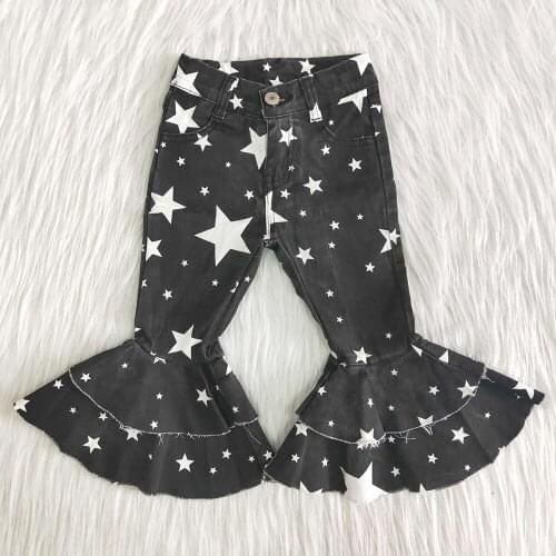 High Quality Children Black With Stars Trousers Fashion Girl Double Ruffle Bell Pants Kids Fall Winter Jeans