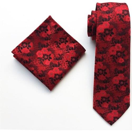 Mens Red Necktie Set Designer Embroidery Floral Ties Sets with Pocket Square