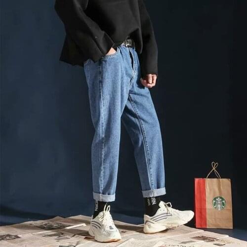 Spring summer 2020 Casual loose jeans mens retro Korean trendy students straight solid color wide leg casual cropped jeans