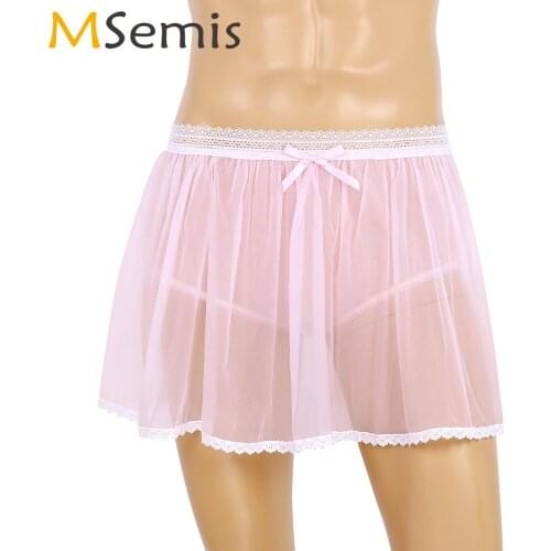 Men Adult Exotic Mini Skirt Panties Transparent Slip Tulle Layer Sissy Briefs Culotte Sexy Sheer Lace Gay Crossdresser Underwear