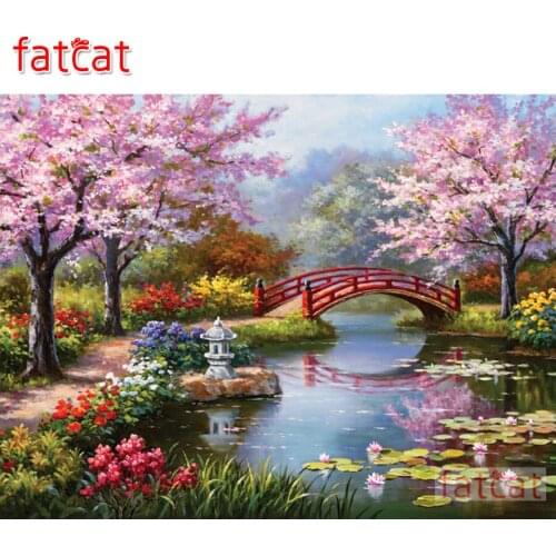FATCAT Park cherry blossoms arch bridge 5d diy diamond painting full square round drill diamond embroidery kit decoration AE2937
